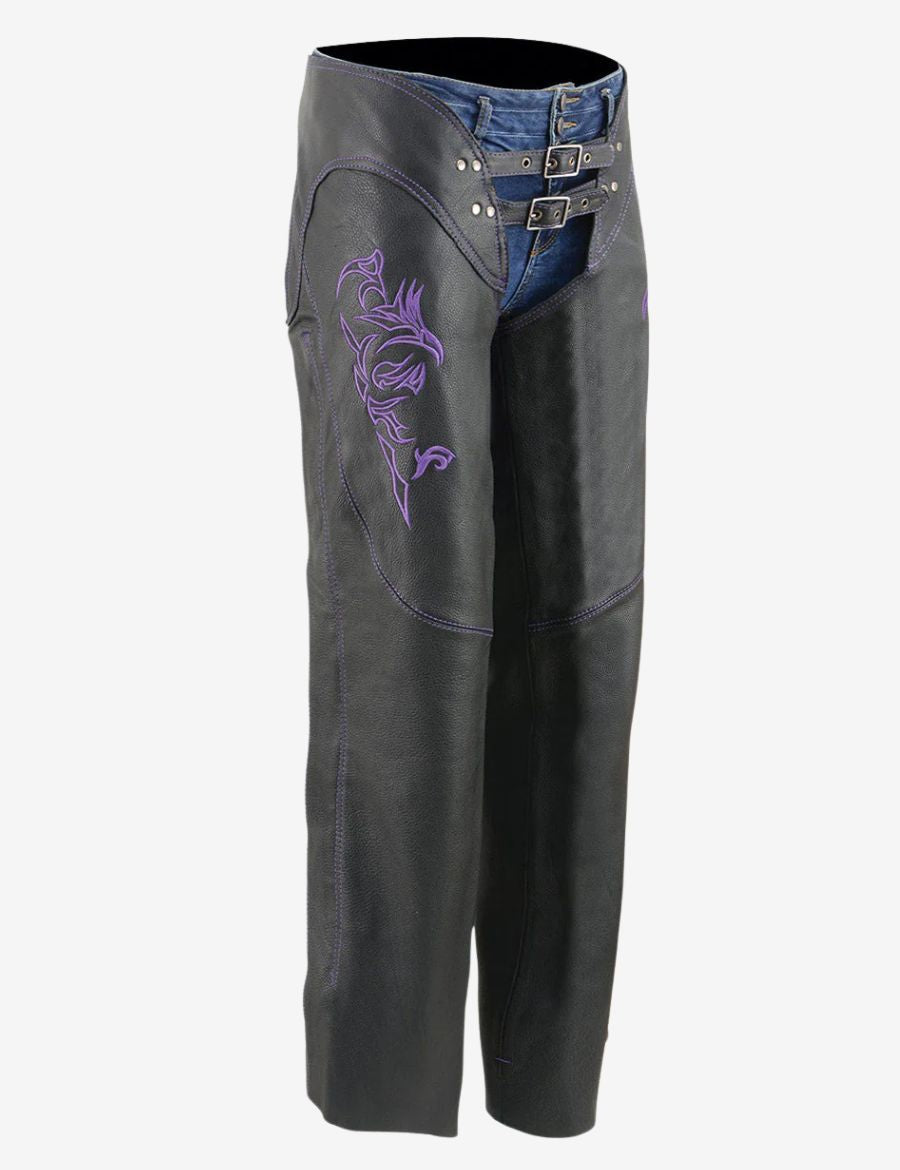Angled front view of women's purple embroidered biker chaps highlighting tribal stitching and premium leather craftsmanship.