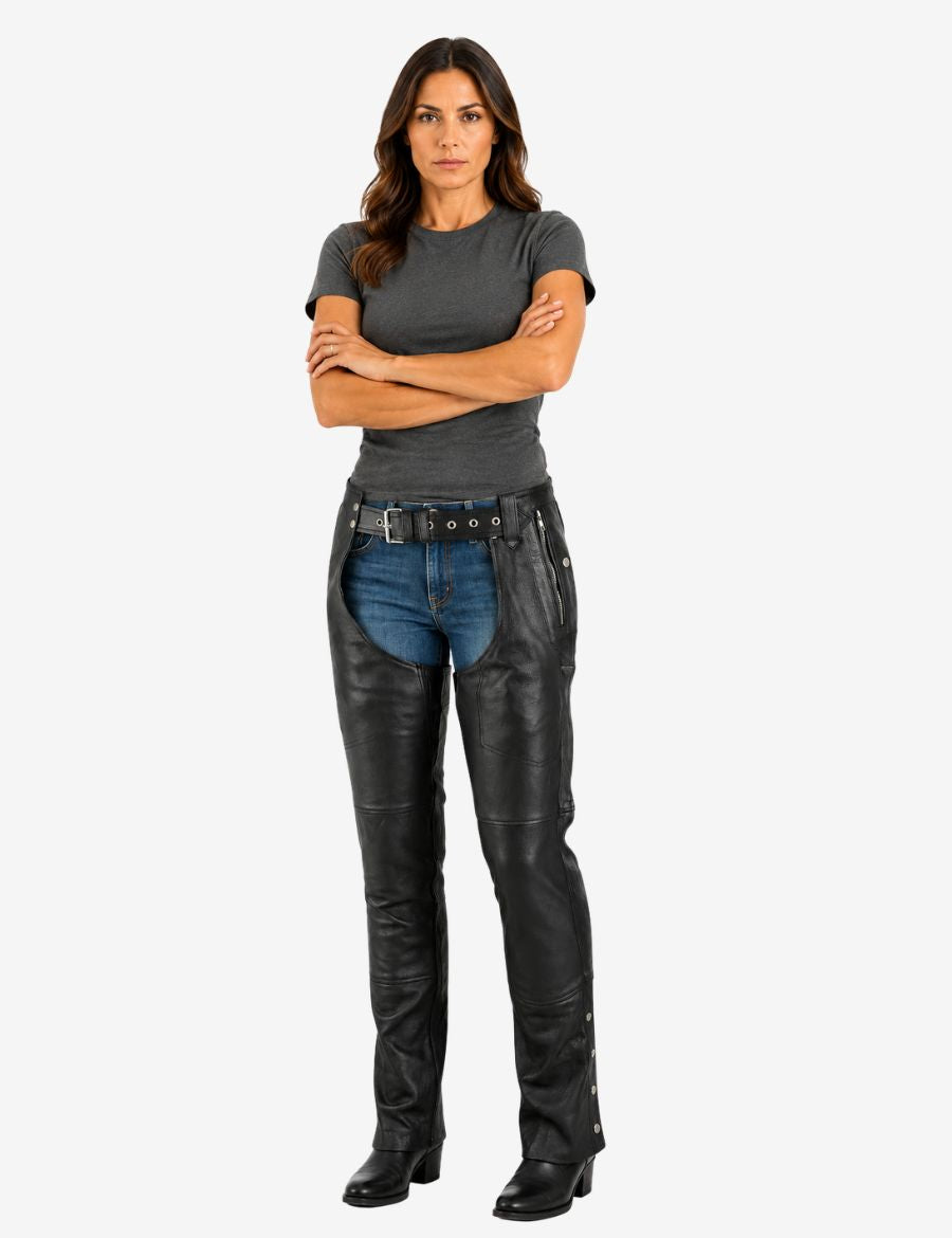Front view of womens rider leather chaps featuring zip pocket detailing, double buckle waist closure, and straight-leg motorcycle fit worn by female model.