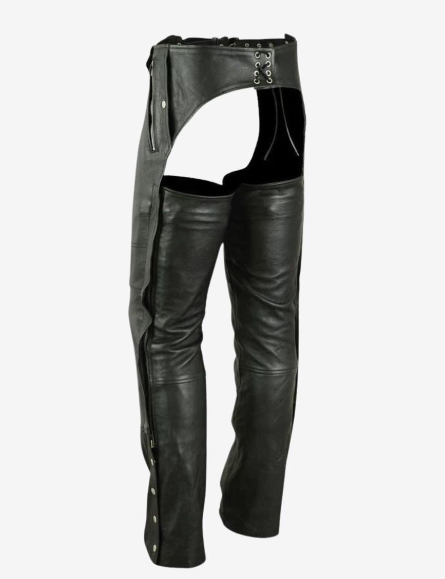 Back view of womens leather riding chaps showing lace-up rear adjustment, structured waistband, and full-length protective leg coverage for motorcycling.