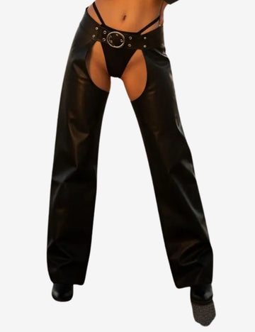 Front view of womens ring buckle assless chaps in western style featuring black leather construction, oversized ring buckle waist, open-thigh design, and relaxed wide-leg silhouette.