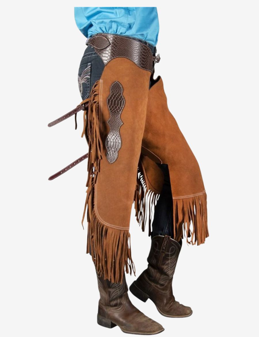 Women’s western suede chinks chaps featuring soft suede leather, decorative textured overlays, and classic cowboy fringe styling.