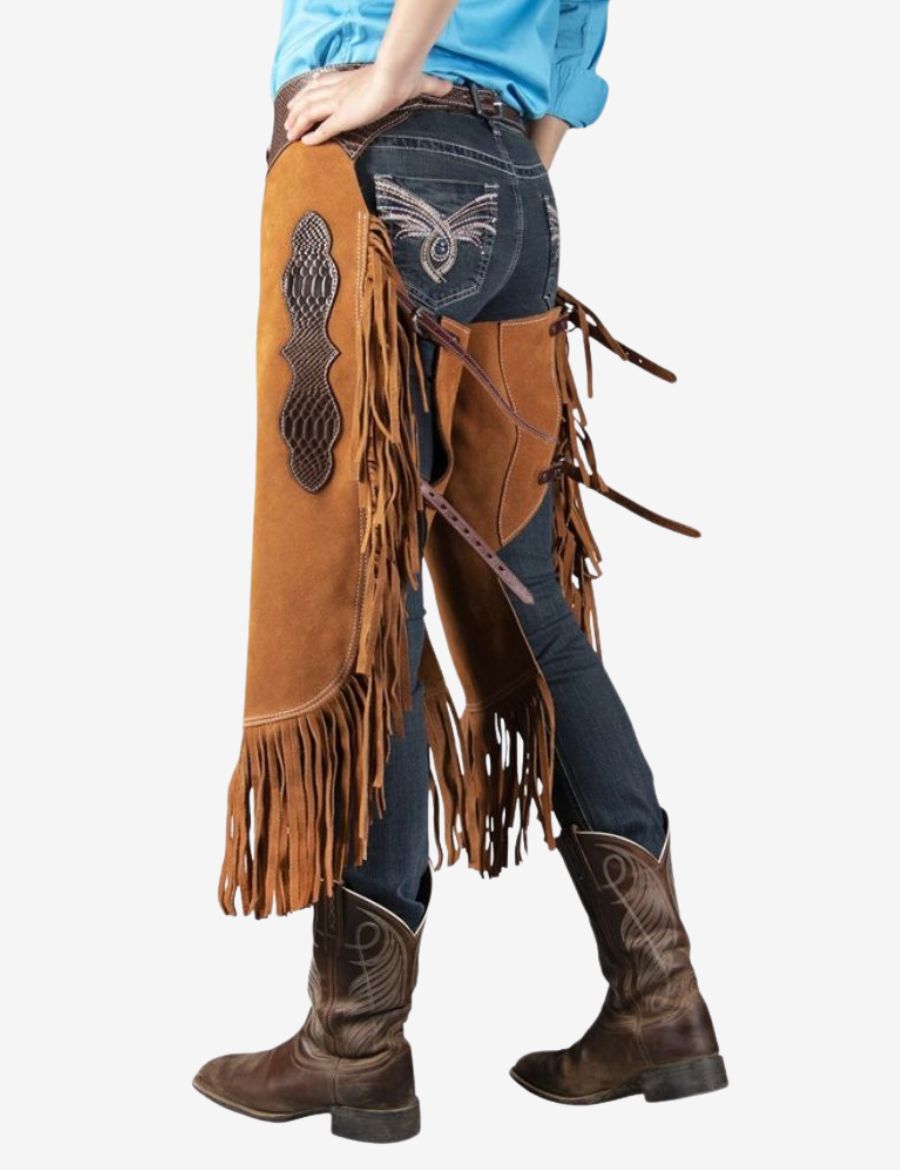 Buy women’s suede chinks chaps with adjustable leg straps, western fringe accents, and durable leather construction for riding comfort.