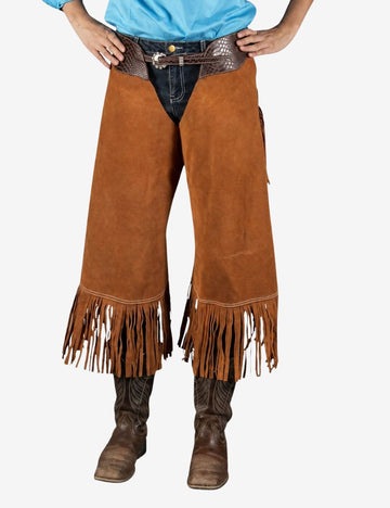 Shop women’s western suede chinks chaps with rich brown suede leather, western fringe, and stylish riding fit for ranch wear.