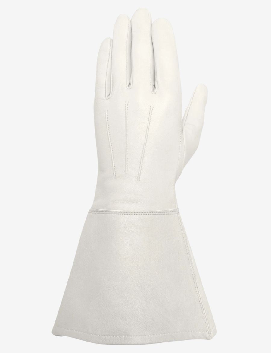 Pair of working white leather gauntlet gloves showing front and palm construction with long protective cuffs.