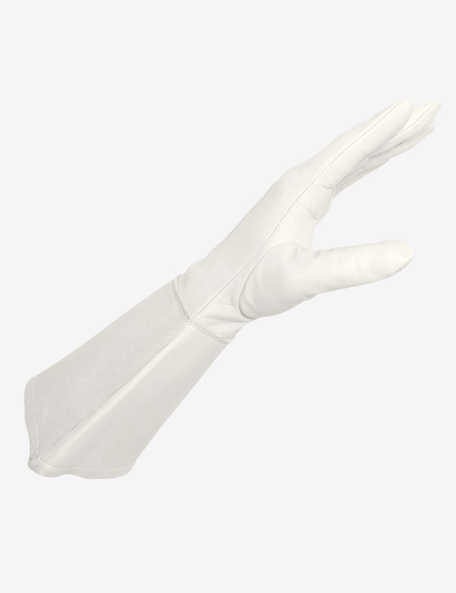 Working white leather gauntlet glove with extended protective cuff, smooth leather finish, and durable workwear design.
