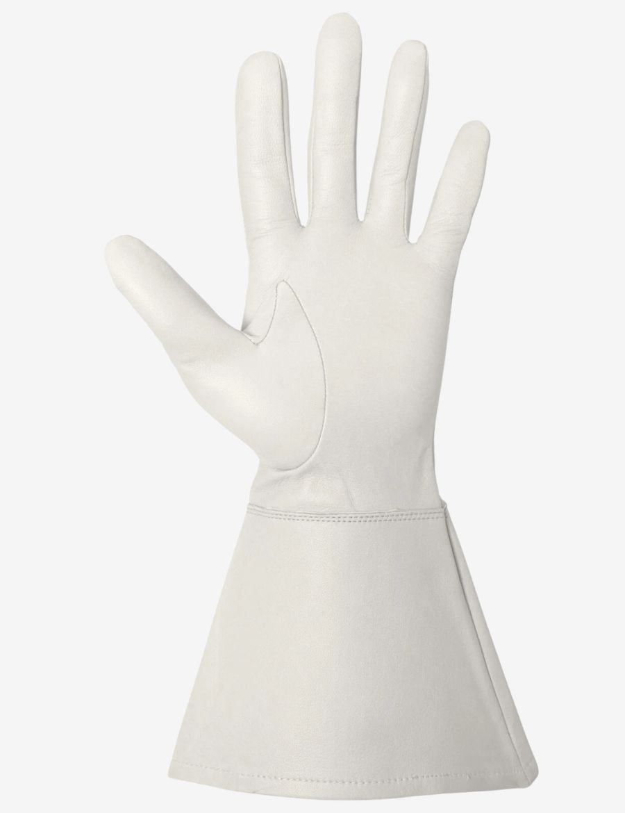 Side profile of working white leather gauntlet glove featuring long cuff coverage and flexible leather construction.