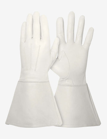 Working white leather gauntlet glove with extended protective cuff, smooth leather finish, and durable workwear design.