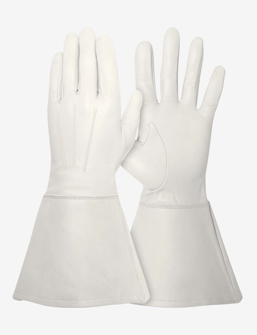 Working white leather gauntlet glove with extended protective cuff, smooth leather finish, and durable workwear design.