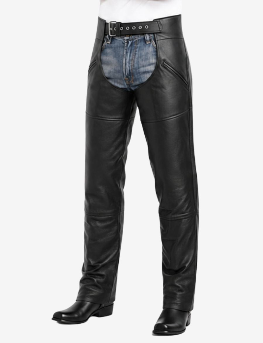 Angled front view of Zipper Pockets Drifter motorcycle chaps with fitted biker profile and zipper details.