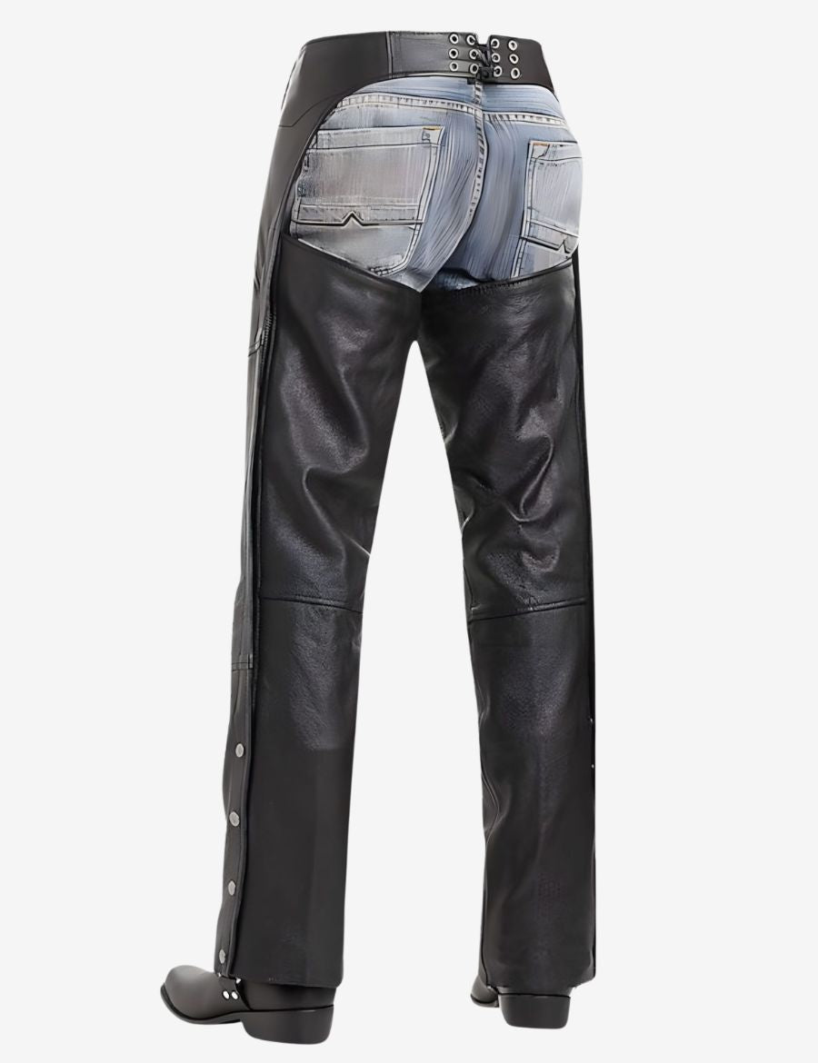 Back view of Zipper Pockets Drifter motorcycle chaps with open-back fit and rear lace adjustment.