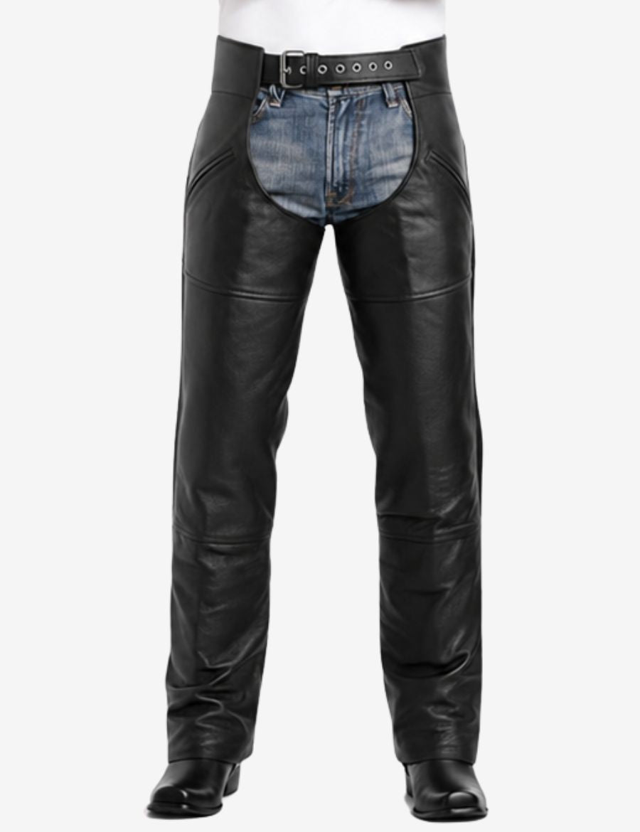 Front view of Zipper Pockets Drifter motorcycle chaps with smooth leather finish and zipper pockets.