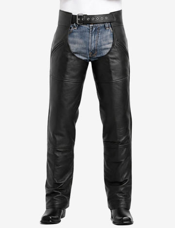 Front view of Zipper Pockets Drifter motorcycle chaps with smooth leather finish and zipper pockets.