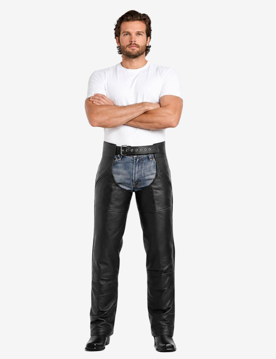 Front view of Zipper Pockets Drifter motorcycle chaps with smooth leather finish and zipper pockets.